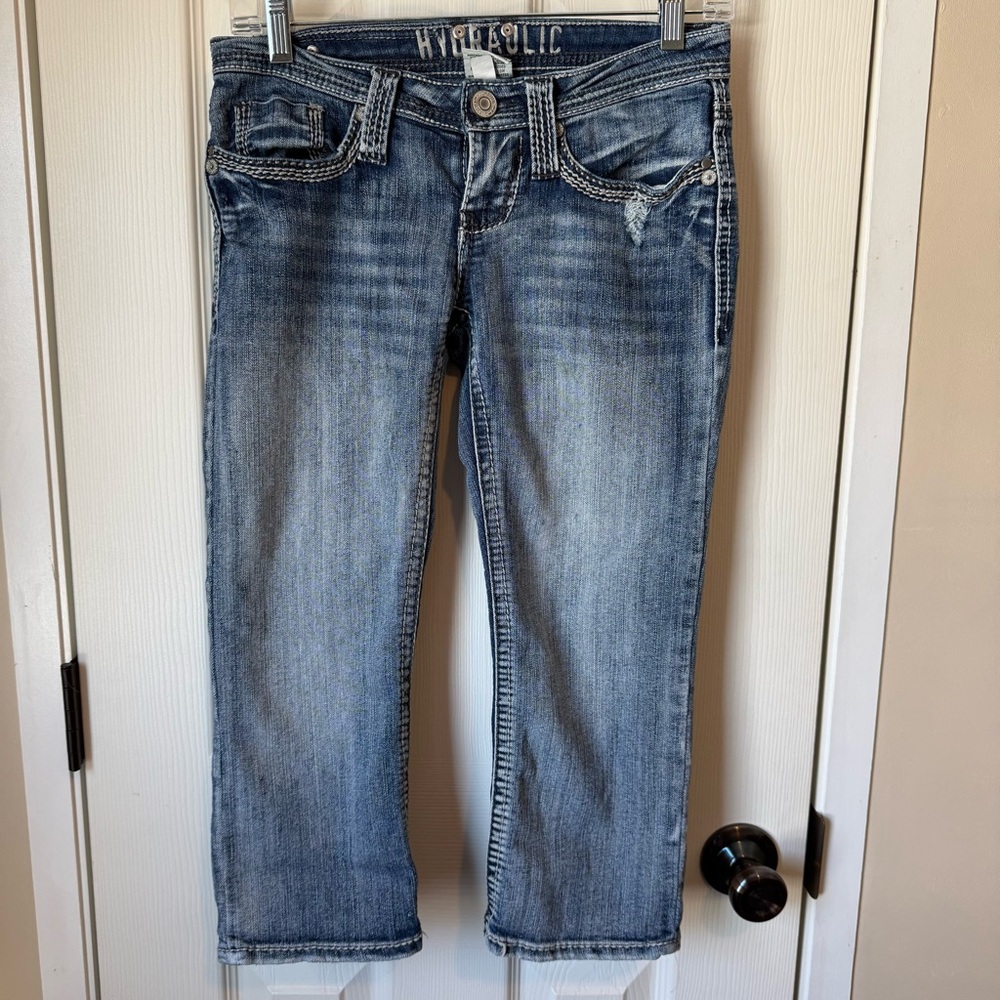Juniors Y2K  Blue Jeans Low Rise Capris 3/4